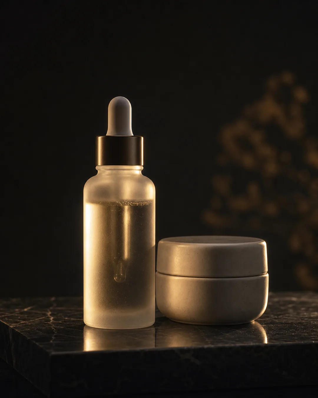 Ser cosmetic premium, natură moartă în lumină aurie